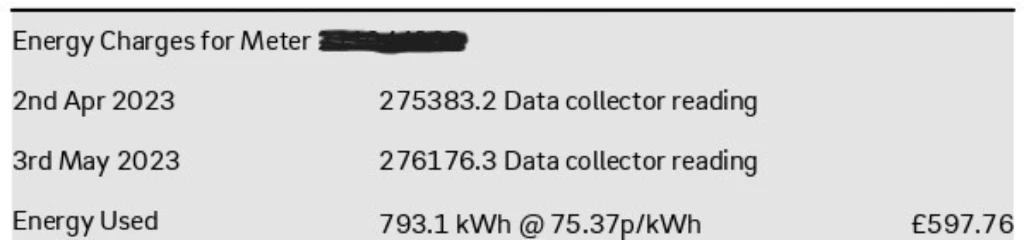 Conusmption charges section on a business electricity bill